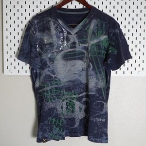 Marc Ecko Cut & Sew Mens Graphic T-Shirt‎ V-Neck Navy Blue Large